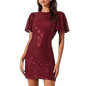 ASTR The Label Flutter Sleeve Draped Back Burgundy Wine Sequined Mini Dress Med